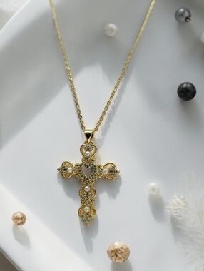 Gold Pearl and Crystal Cross Necklace with Heart Detail - Women Jewelry